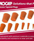 Orange Silicone Tapered Hole Plugs Pack of 50 Nonstick Rubber Seals for Small Round Holes displayed on a promotional banner.