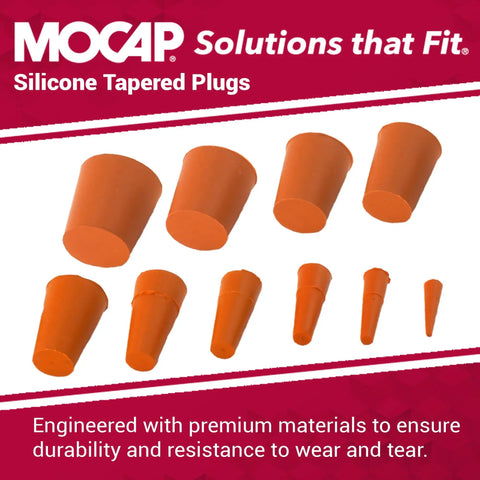 Orange Silicone Tapered Hole Plugs Pack of 50 Nonstick Rubber Seals for Small Round Holes displayed on a promotional banner.