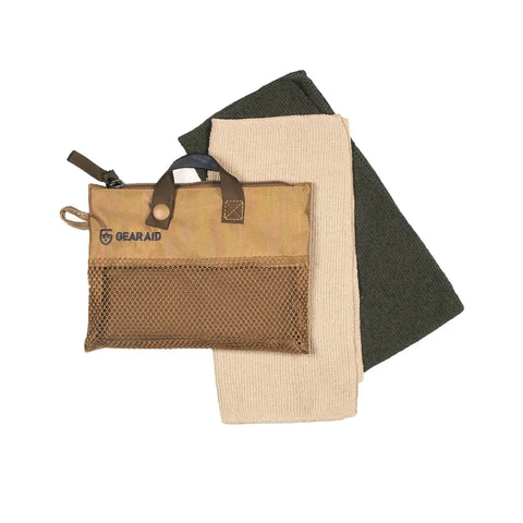 Packable Micro-Terry Washcloth Kit for travel with two 10x10 cloths in OD green and sand, ultra soft and absorbent, ideal for camping.