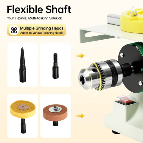 Workhorse 750W 110V Mini Lapidary Saw flexible shaft with multiple grinding heads for rock cutting and polishing.