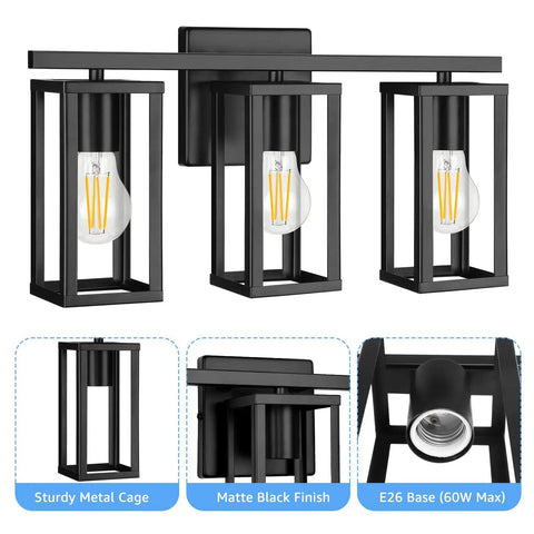 3 Light Farmhouse Vanity Light With Metal Cage In Black Anti Rust Wall Lamp for Bathroom and Bedroom, E26 sockets