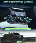 4 Channel Dash Cam With 360 View And 1080P Front Rear Inside Left Right Cameras, Parking Monitor With Hardwire Kit For 24 Hour Vehicle Security, IR Night Vision, 128GB Card Included showing 360° security camera on windshield.
