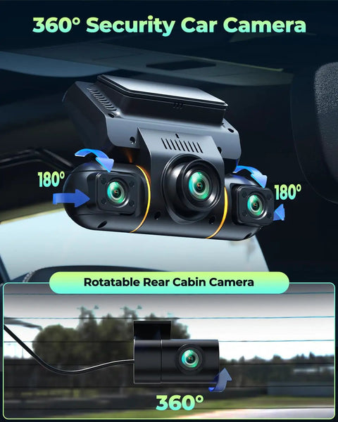 4 Channel Dash Cam With 360 View And 1080P Front Rear Inside Left Right Cameras, Parking Monitor With Hardwire Kit For 24 Hour Vehicle Security, IR Night Vision, 128GB Card Included showing 360° security camera on windshield.