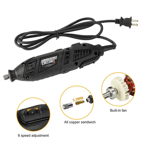 Ultra Portable Aluminum Tungsten Grinder Kit With 12 Guides And 4 Angles, electric grinder tool with copper sandwich, and built-in fan.