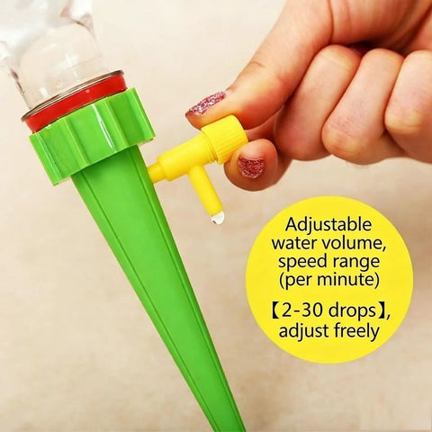Close-up of a Self Watering Plant Spike Kit For Indoor Plants With Automatic Watering System And Adjustable Flow Slow Release Drip Valve.