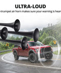 Badass 12V Four Trumpet Train Air Horn Kit With Compact Three Liter Air Tank And High Output Compressor Rig Upgrade For Pickup Trucks Suvs Rvs And Boats, black trumpets mounted on truck.