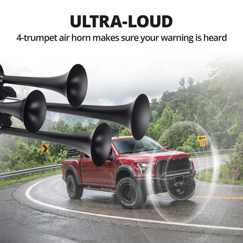 Badass 12V Four Trumpet Train Air Horn Kit With Compact Three Liter Air Tank And High Output Compressor Rig Upgrade For Pickup Trucks Suvs Rvs And Boats, black trumpets mounted on truck.