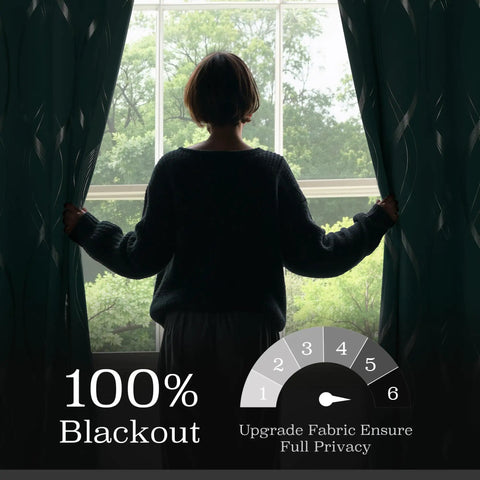 Woman standing in front of Aqua Blue 100 Percent Blackout Curtain Panels With Wave Pattern 84 Inches Long 2 Pieces 52 Inches Wide Thermal Insulated Grommet Drapes For Nursery Sleep Better Room Darkening UV Blocking Window Treatments.