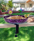 Premium Heavy Duty Deck Mounted Bird Bath With Secure Detachable Clamp For Railings Balconies No Sweat Installation Rock Solid Iron Basin Weather Resistant Rust Proof Outdoor Backyard Living Essential with birds feeding.
