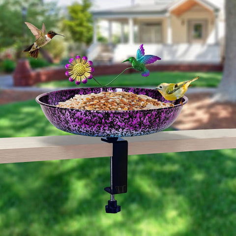 Premium Heavy Duty Deck Mounted Bird Bath With Secure Detachable Clamp For Railings Balconies No Sweat Installation Rock Solid Iron Basin Weather Resistant Rust Proof Outdoor Backyard Living Essential with birds feeding.