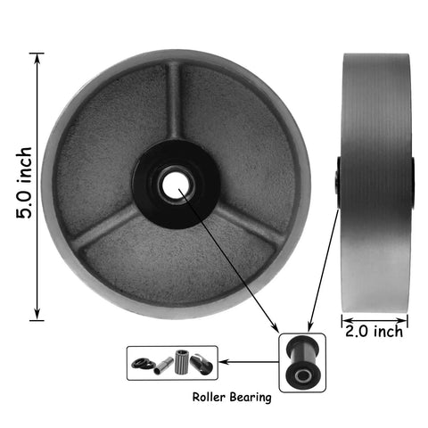 Heavy Duty 5 Inch Steel Caster Wheel With Smooth Roll Bearing Extra Wide 2 Inch Base showing top and side view with roller bearing.