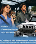 Heavy Duty Winch Cover For 8500 To 17500 Lb Models waterproof and dustproof on Jeep, featuring elastic band for secure fit.