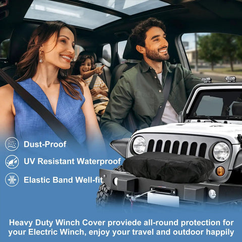Heavy Duty Winch Cover For 8500 To 17500 Lb Models waterproof and dustproof on Jeep, featuring elastic band for secure fit.