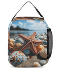 Colorful Starfish Beach Lunch Box Insulated Tote With Side Pocket featuring starfish and shells design on beach, detachable handle