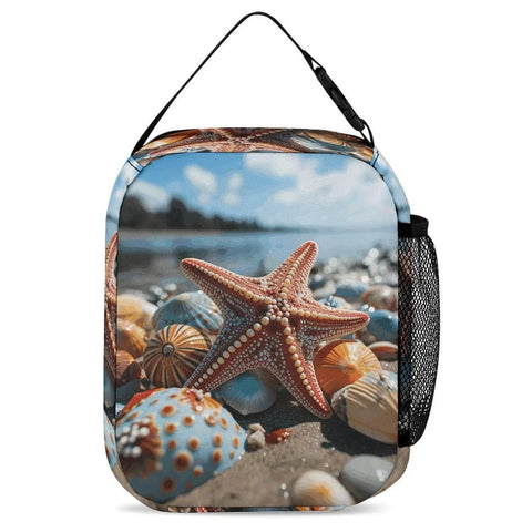 Colorful Starfish Beach Lunch Box Insulated Tote With Side Pocket featuring starfish and shells design on beach, detachable handle