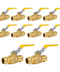 Pack of 10 brass press ball valves, 3/4 inch size, full port, heavy-duty with EPDM O-ring seal, 1/4 turn shut off for copper pipe connection.