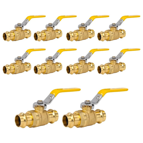 Pack of 10 brass press ball valves, 3/4 inch size, full port, heavy-duty with EPDM O-ring seal, 1/4 turn shut off for copper pipe connection.