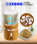 Compact Electric Herb Grinder With Dual 50ml Glass Jars 2in By 3.5in Portable Spice Grinder on wooden table, includes blades and spice bowl
