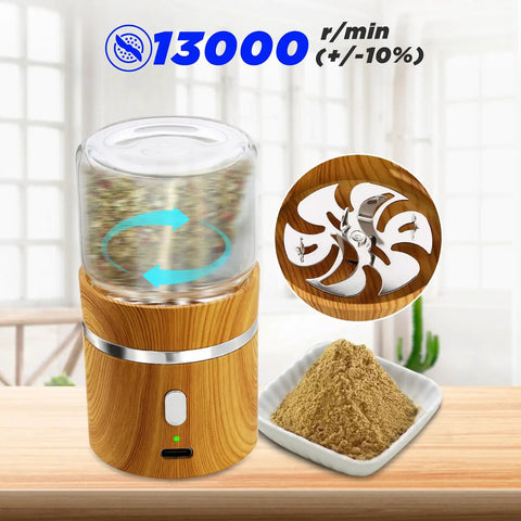 Compact Electric Herb Grinder With Dual 50ml Glass Jars 2in By 3.5in Portable Spice Grinder on wooden table, includes blades and spice bowl