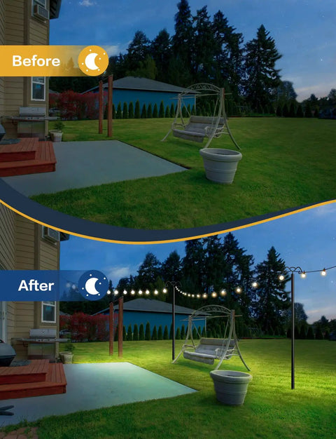 Heavy Duty Outdoor String Light Poles 9 Foot Metal Poles With 7 Prong Base And Two Hooks illuminate Backyard Garden at night