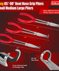 11 Inch Hose Gripper Pliers Set With Three Diameters 5/16 Inch, 1/2 Inch, And 3/4 Inch Serrated Jaws; side view of red handles