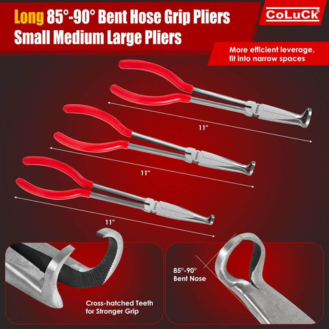 11 Inch Hose Gripper Pliers Set With Three Diameters 5/16 Inch, 1/2 Inch, And 3/4 Inch Serrated Jaws; side view of red handles
