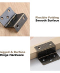 Antique Bronze Three Folding Hardware Hinges Set For Doors Cabinets And Small Chests, 2 Hinges With 12 Screws, shown on wood surface