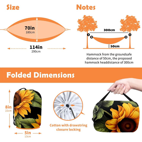 Diagram showing size, folded dimensions, and storage bag of Portable Double And Single Hammock With Storage Bag For Camping in Sunflower Color