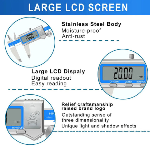 6 Inch Digital Caliper With Large LCD Screen Stainless Steel Vernier Caliper Auto Off display showing digital readout features