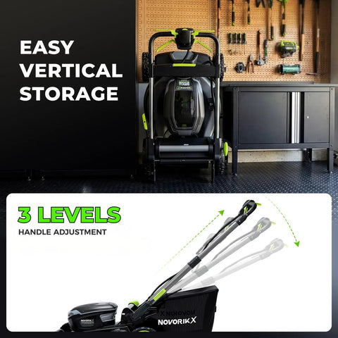 60V Brushless Cordless Self Propelled Lawn Mower With 21 Inch Deck 5Ah Battery LED Headlight Rapid Charger 3 In 1 Versatility For Large Yards Quiet Power Low Maintenance Durable Lawn Care Machine vertical storage and 3-level handle adjustment