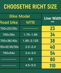Size chart for Self Adhesive TPU Bike Tire Liner Inner Tube Flat Protector showing liner widths for Road and MTB models.