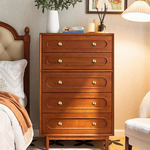 Wooden dresser with Solid Brass Knobs Set In Brushed Gold Finish For Cabinets Dressers And Drawers, Euro Style, 8 pack