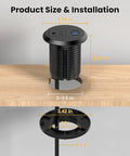 Sleek 2 Inch Desk Power Grommet Outlet With AC Receptacle And Multiple USB Ports showing size and installation details.