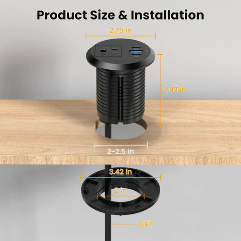 Sleek 2 Inch Desk Power Grommet Outlet With AC Receptacle And Multiple USB Ports showing size and installation details.