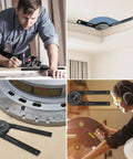 Professional Grade Aluminum Miter Saw Protractor With Dead On Laser Etched Markings For Crown Molding Trim Work Precision Carpenter Layout Gauge And Angle Finder Tool being used by carpenter for angles.