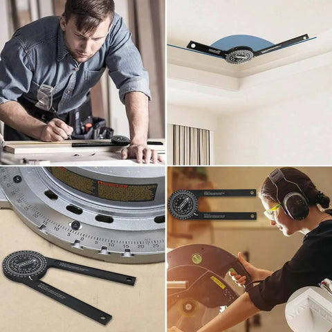 Professional Grade Aluminum Miter Saw Protractor With Dead On Laser Etched Markings For Crown Molding Trim Work Precision Carpenter Layout Gauge And Angle Finder Tool being used by carpenter for angles.
