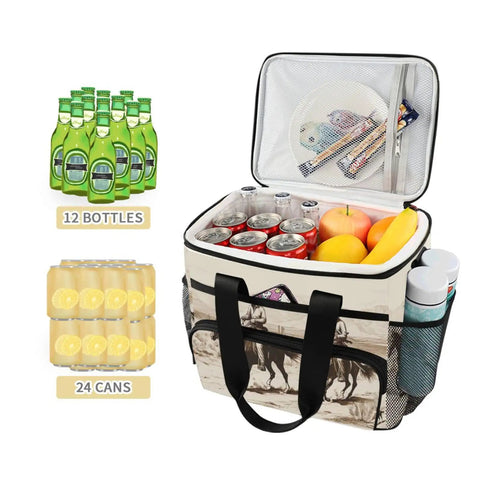 Desert Cowboys Insulated Lunch Bag with 12 bottles, 24 cans inside, showing tear-resistant side mesh pockets, 15L capacity
