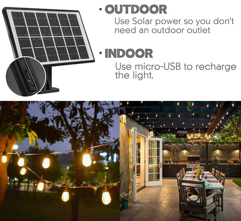 Outdoor Solar String Lights 48ft USB Rechargeable Patio Lights For Yard Porch Garden Pool And Party Waterproof And Shatterproof Bulbs