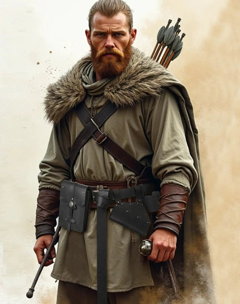 Man wearing Five Piece Medieval Belt Costume Accessories Kit For Ren Faire Cosplay, with pouch and Viking gear