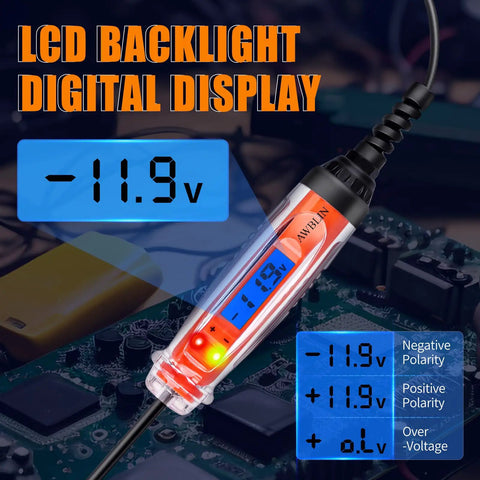 Automotive Test Light 3 To 72V DC Digital Light Tester For Quick Car Electrical Circuit Checks With Wide Voltage Range Easy To Use Durable Probe Perfect For DIY Mechanics And Pros. LCD display showing -11.9V