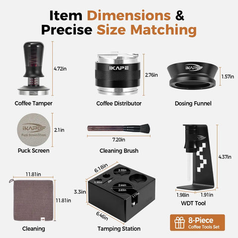 Solid Gold 58 Mm Espresso Toolkit Designed For Home Baristas Featuring Killer Precision Tamper Quick Distributor Magnetic Funnel Puck Screen Cleaning Mat Stirrer Wipe For Flawless Pulls Always, item dimensions layout.