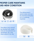 Image showing the gray Ultra Compact Chin Support Travel Pillow For Petite Travelers, Portable Memory Foam Neck Pillow With Washable Velvet Cover, highlighting care instructions.
