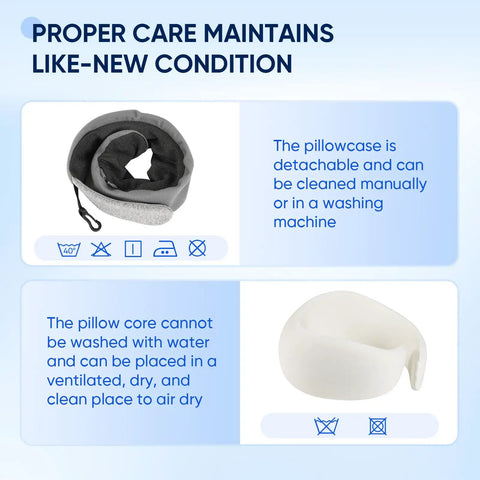 Image showing the gray Ultra Compact Chin Support Travel Pillow For Petite Travelers, Portable Memory Foam Neck Pillow With Washable Velvet Cover, highlighting care instructions.