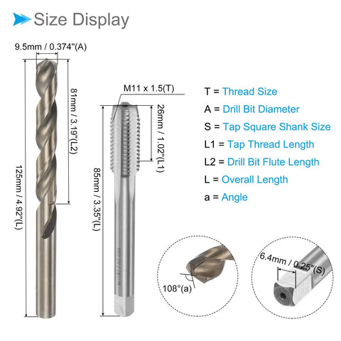 Tap And Drill Bit Set M11 X 1.5 Right Hand Thread 9.5mm Drill Diameter For Threading And Repairing Metric Machine Screw Tap And Twist Drill Bit Tool Kit 1 Set, showing size and dimensions of drill and tap.