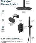 GRANDJOY 10" Ceiling Shower System with Handheld Spray, Matte Black dimensions, shower head, and valve details.