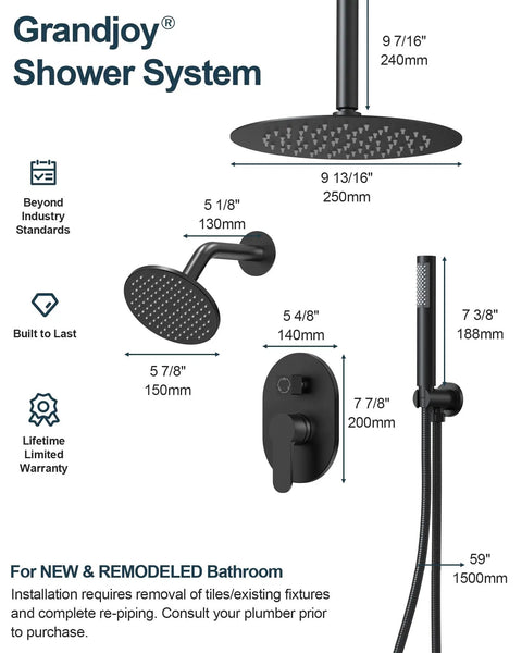 GRANDJOY 10" Ceiling Shower System with Handheld Spray, Matte Black dimensions, shower head, and valve details.