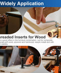 Heavy Duty Wood Threaded Inserts With Hex Drive Nuts for DIY furniture repair, showing installation and use in projects.