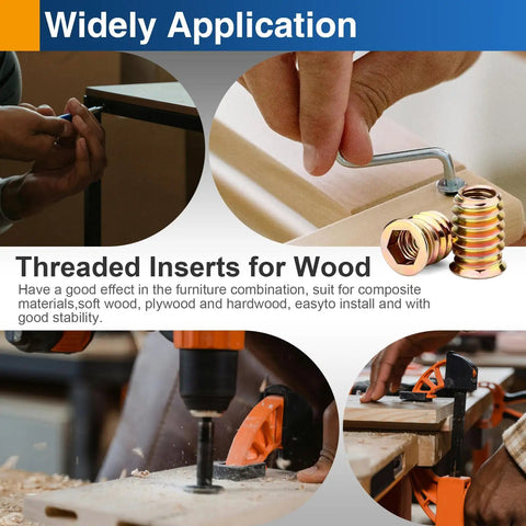 Heavy Duty Wood Threaded Inserts With Hex Drive Nuts for DIY furniture repair, showing installation and use in projects.