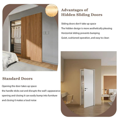 38 Inch Concealed Barn Door Hardware Kit showing wooden sliding door in modern bedroom, highlighting invisible install and easy use.