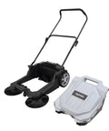 Heavy Duty Manual Push Sweeper For Driveways Patios And Garages Featuring 25.5 Inch Sweep Width And 5.25 Gallon Hopper with black and white design.